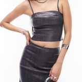 Topshop Denim Stretchy Maxi Skirt In Coated Indigo