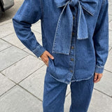 Glamorous True Blue Pussy Bow Denim Blouse