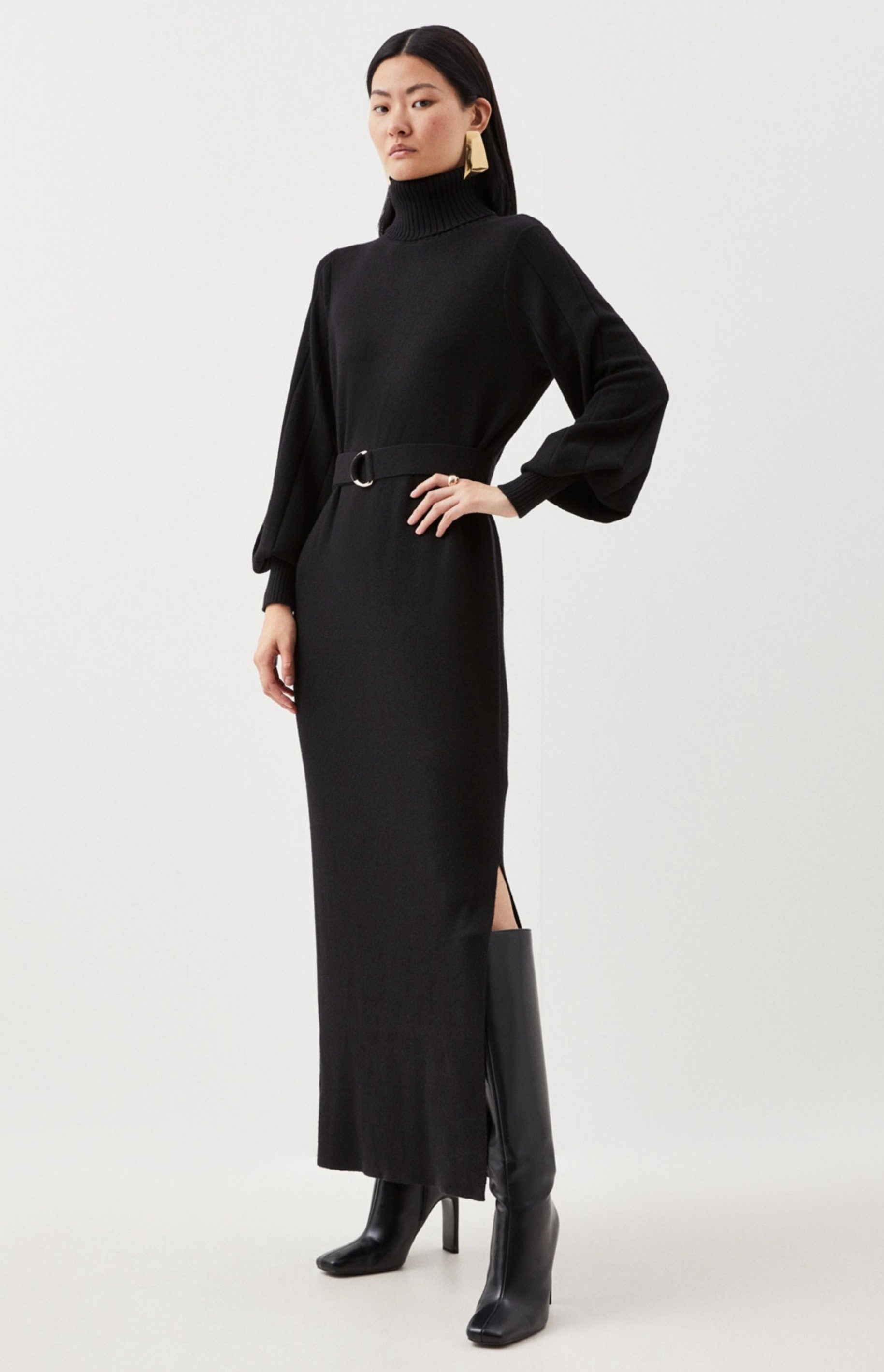 Karen Millen Wool Blend Full Sleeve Belted Funnel Knit Neck Midaxi Dress product image