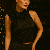 French Connection Satin Top With Ruffle Detail In Black