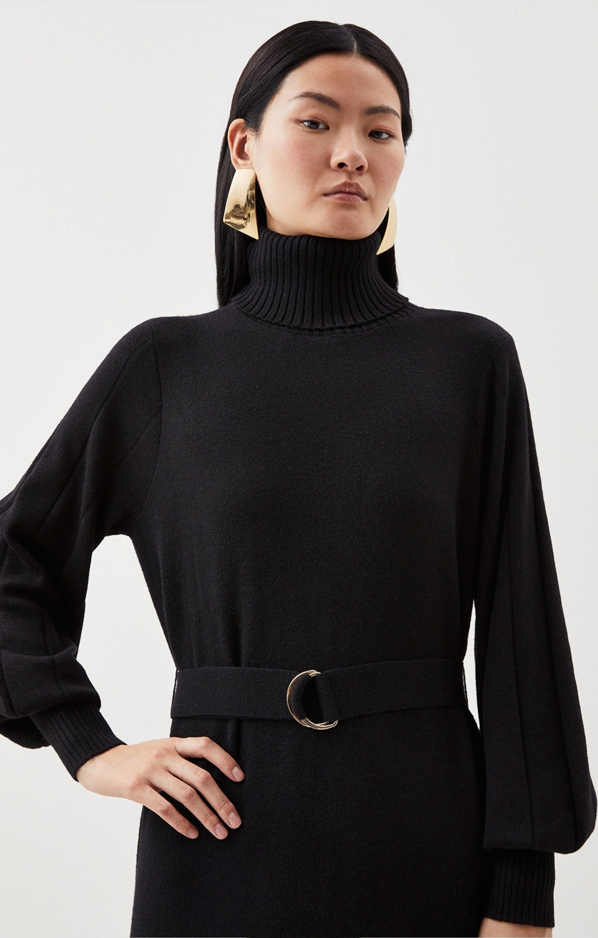 Karen Millen Wool Blend Full Sleeve Belted Funnel Knit Neck Midaxi Dress product image