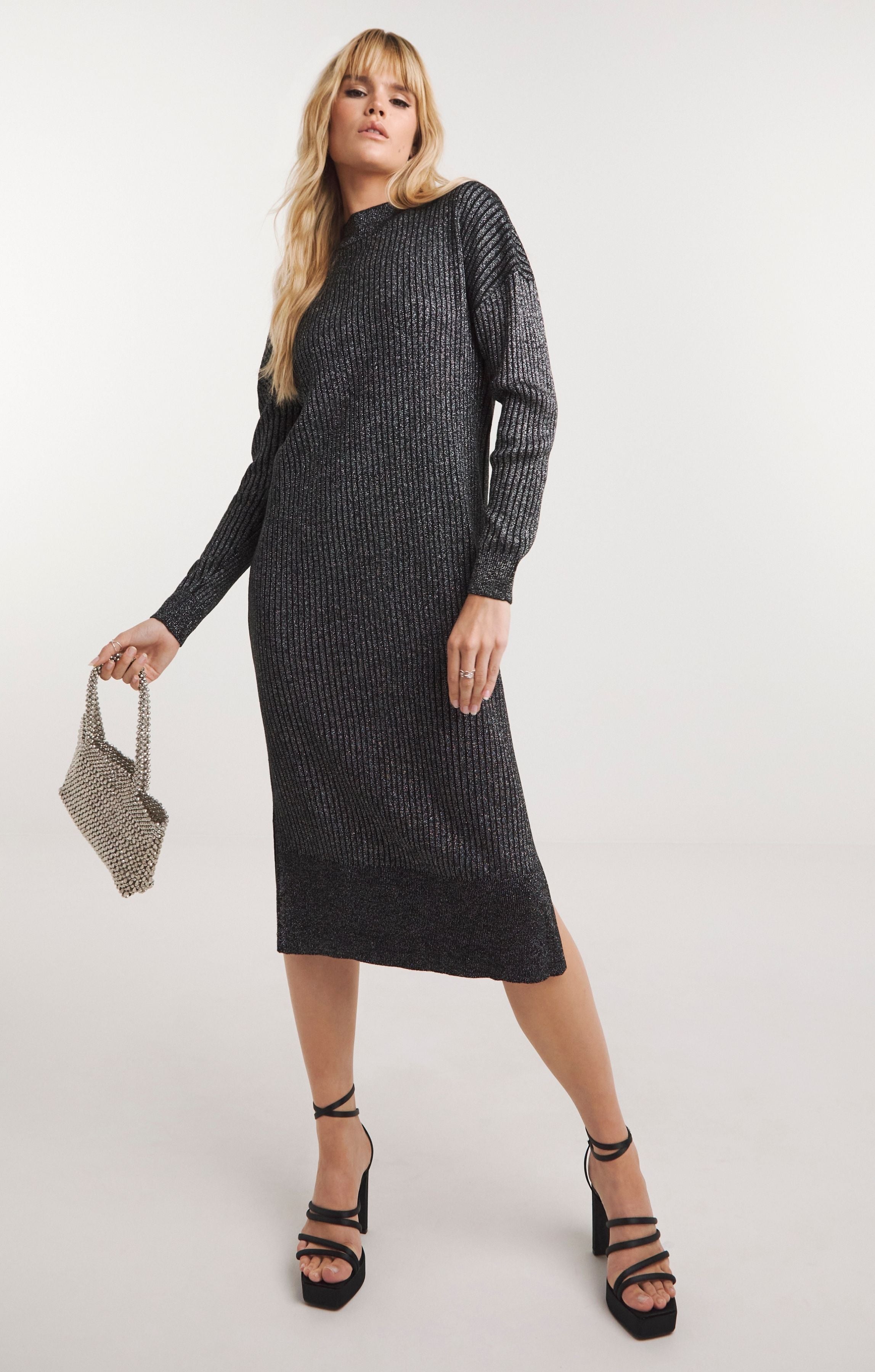 SimplyBe Silver Metallic Rib Midaxi Dress