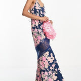 Hope & Ivy Contrast Lace Floral Maxi Dress In Navy