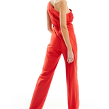Vesper Satin Trim One Shoulder Wide Leg Jumpsuit In Red