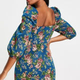 ASOS DESIGN Tapestry Corset Mini Dress With Long Sleeves In Blue Floral