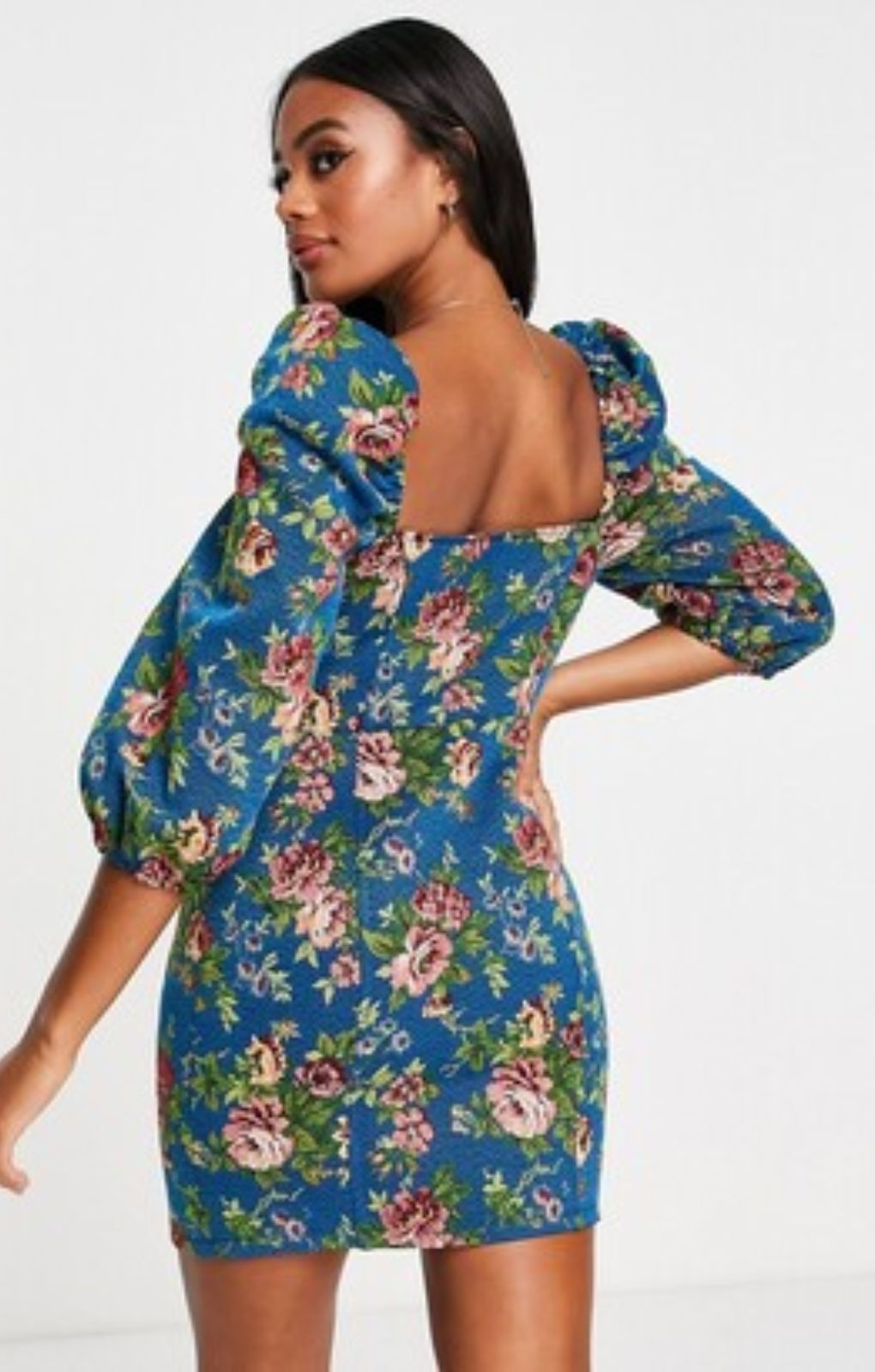 ASOS DESIGN Tapestry Corset Mini Dress With Long Sleeves In Blue Floral