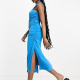 Object Ruched Sleeveless Jersey Midi Dress With Ruched Front In Blue