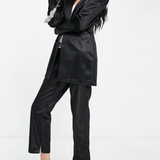 ASOS DESIGN Jersey Exaggerated Shoulder Satin Suit Blazer In Black