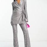 ASOS DESIGN Petite Jersey Sequin Tie Waist Blazer In Gunmetal