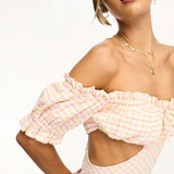 ASOS DESIGN Textured Bardot Midi Dress With Cut Out Side In Pink And Yellow Check