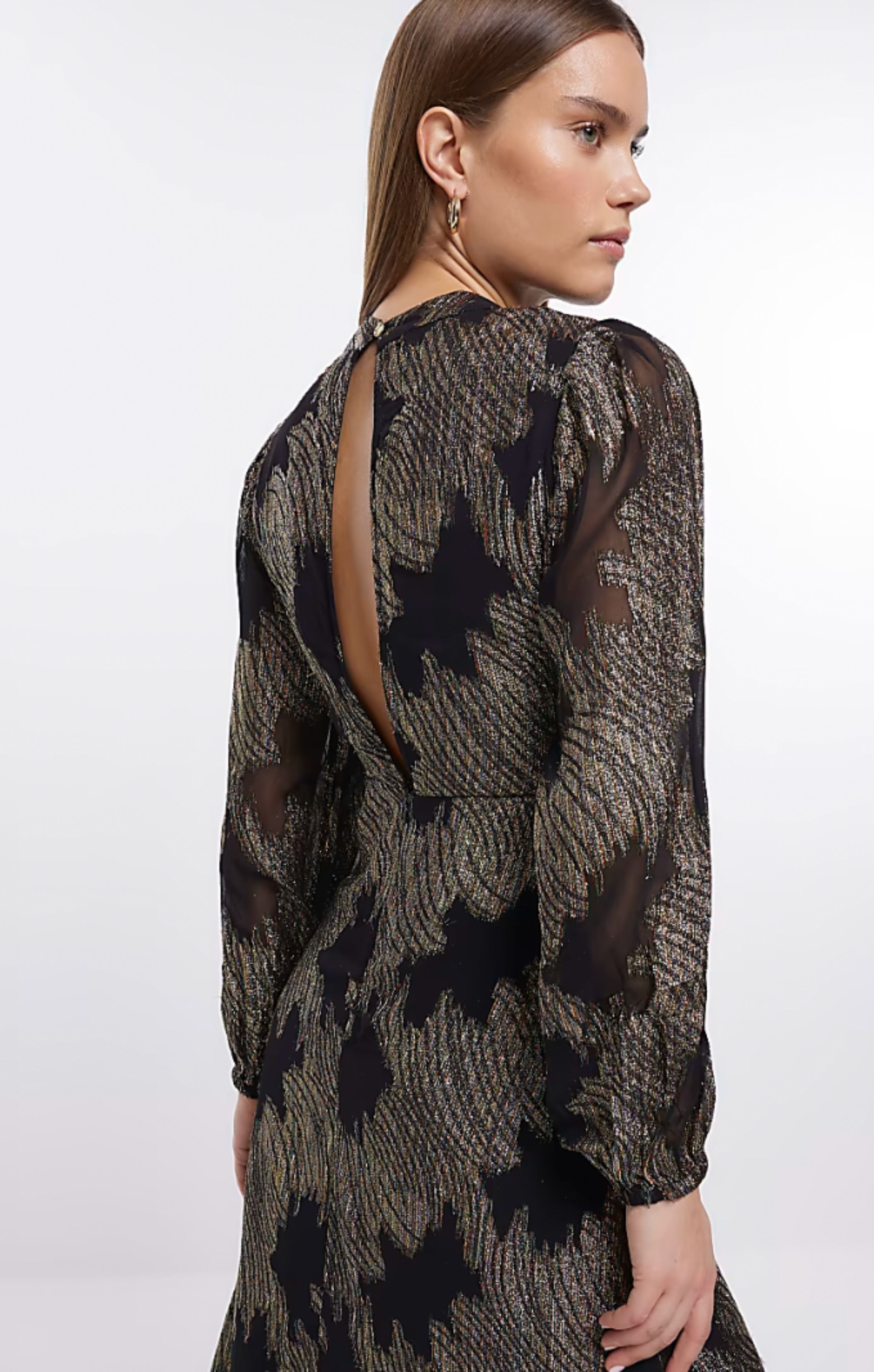 Rent River Island Black Jaquard Long Sleeved Dress | Hirestreet Rent River Island Black Jaquard Long Sleeved Dress | Hirestreet