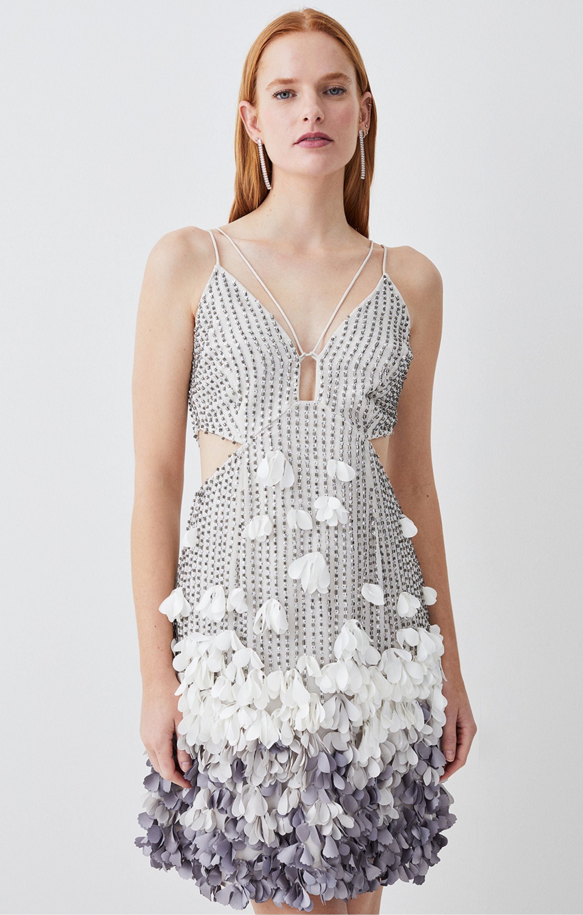Karen Millen Crystal Applique Deep V Woven Mini Dress