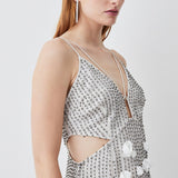 Karen Millen Crystal Applique Deep V Woven Mini Dress