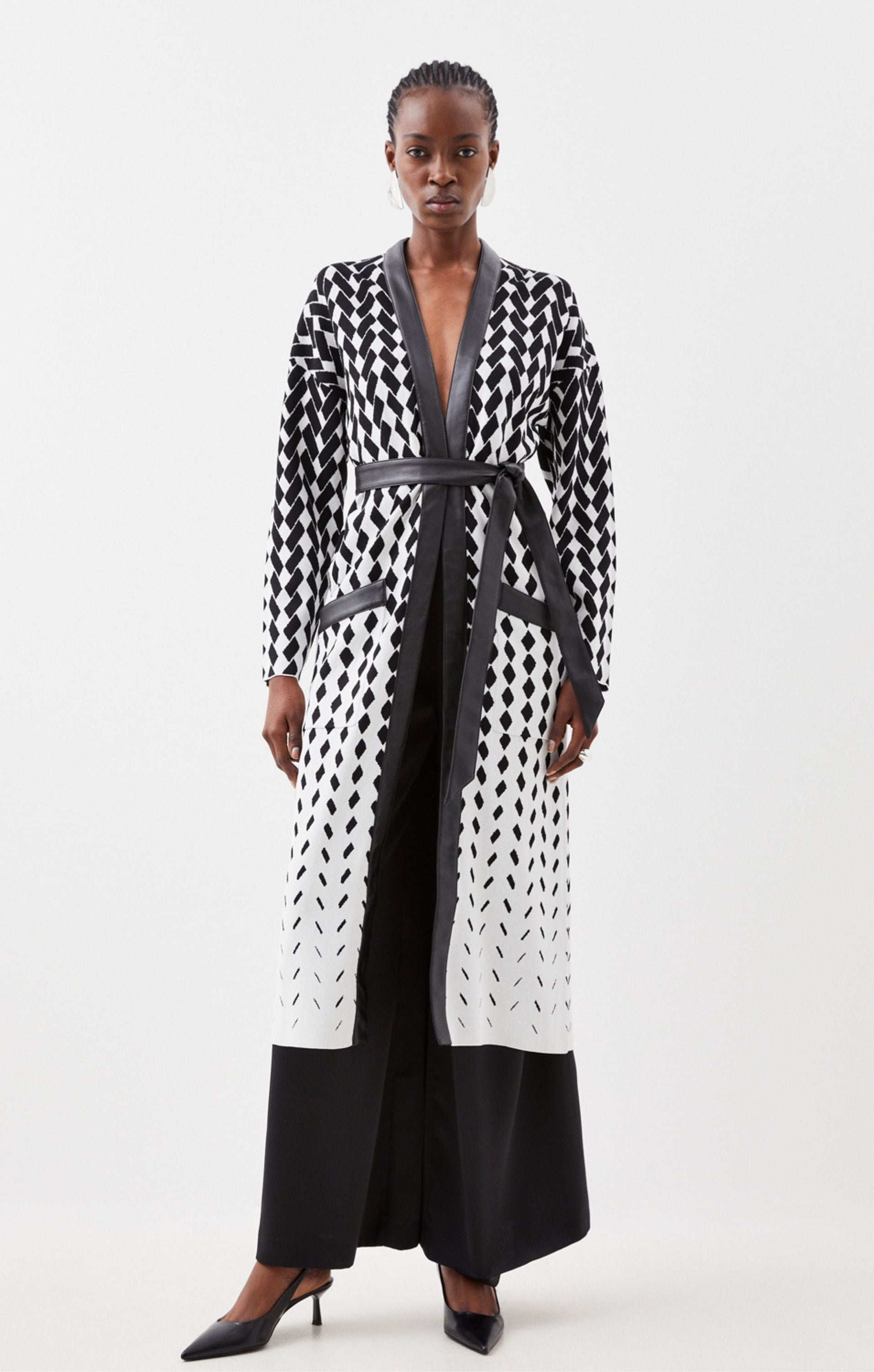 Karen Millen Pu Placket Jacquard Belted Coatigan