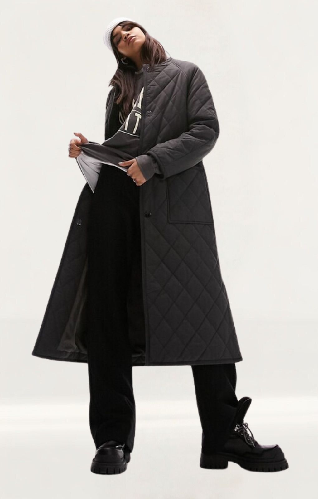 Topshop Collarless Quilted Coat In Charcoal