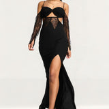 ASOS DESIGN Corset Detail Cold Shoulder Maxi Dress With Lace Inserts In Black
