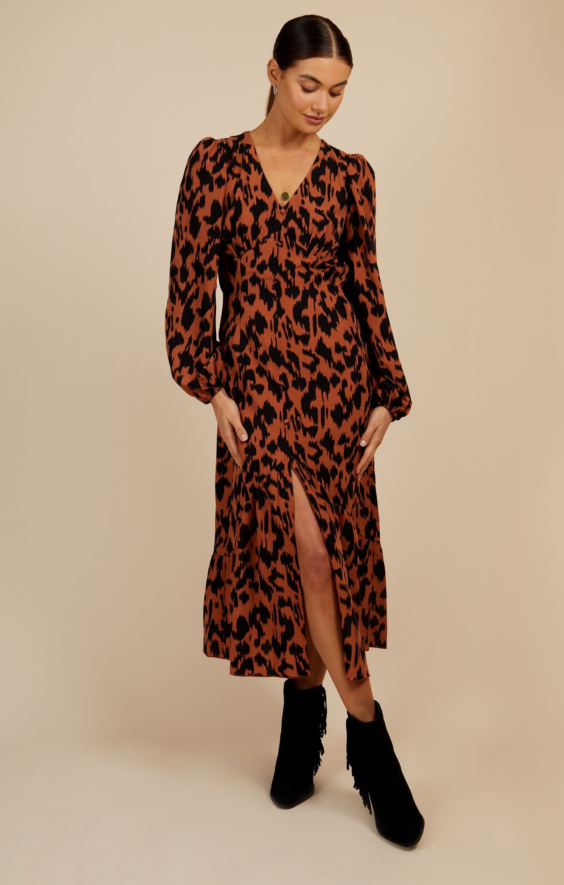 Little Mistress Leopard Print Blouson Sleeve Midaxi Dress