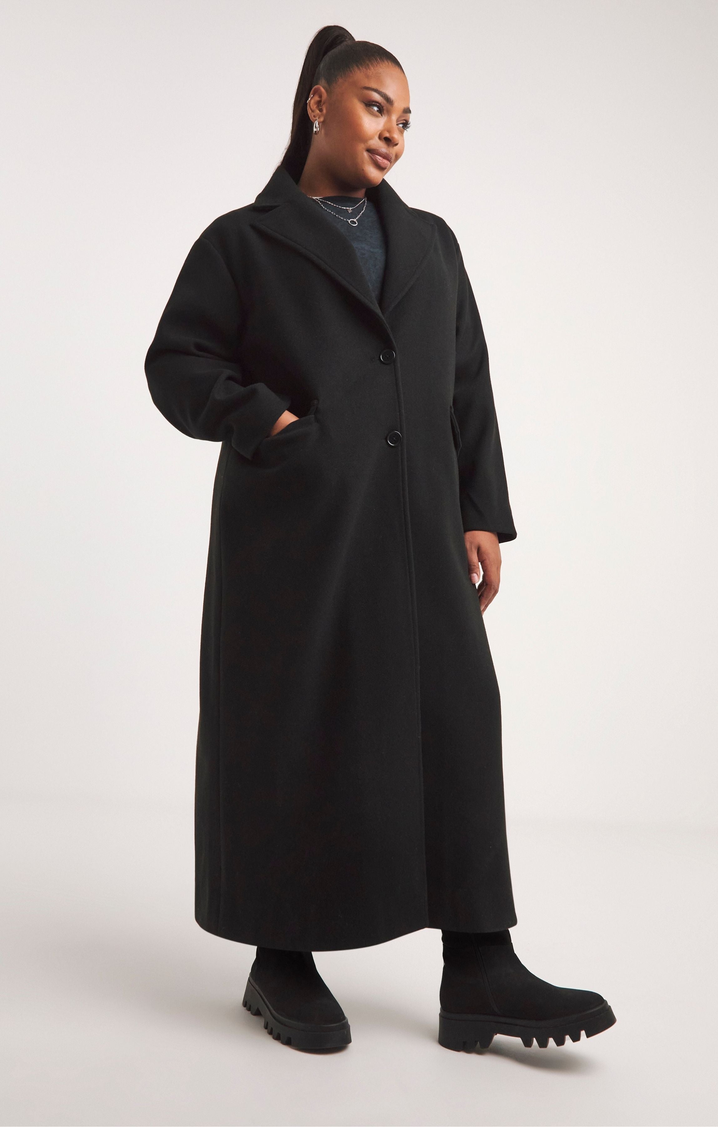 Simply Be Black Faux Wool Maxi Coat