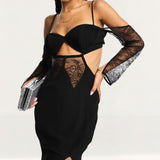 ASOS DESIGN Corset Detail Cold Shoulder Maxi Dress With Lace Inserts In Black