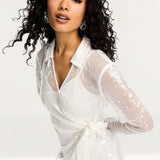 4th & Reckless Sequin Tie Side Mini Shirt Dress In White Iridescent