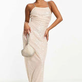 4Th & Reckless Petite Exclusive Sequin Square Neck Low Cross Back Maxi Dress In Cream
