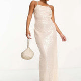 4Th & Reckless Petite Exclusive Sequin Square Neck Low Cross Back Maxi Dress In Cream