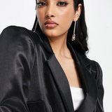 ASOS DESIGN Jersey Exaggerated Shoulder Satin Suit Blazer In Black