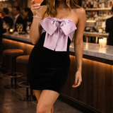 Big Satin Bow Velvet Mini Dress In Black