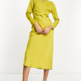 ASOS DESIGN Satin Long Sleeve Maxi Dress With Drawstring Back In Olive
