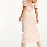 ASOS DESIGN Textured Bardot Midi Dress With Cut Out Side In Pink And Yellow Check