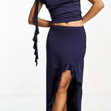 4Th & Reckless Frill Detail Thigh Split Maxi Skirt In Navy