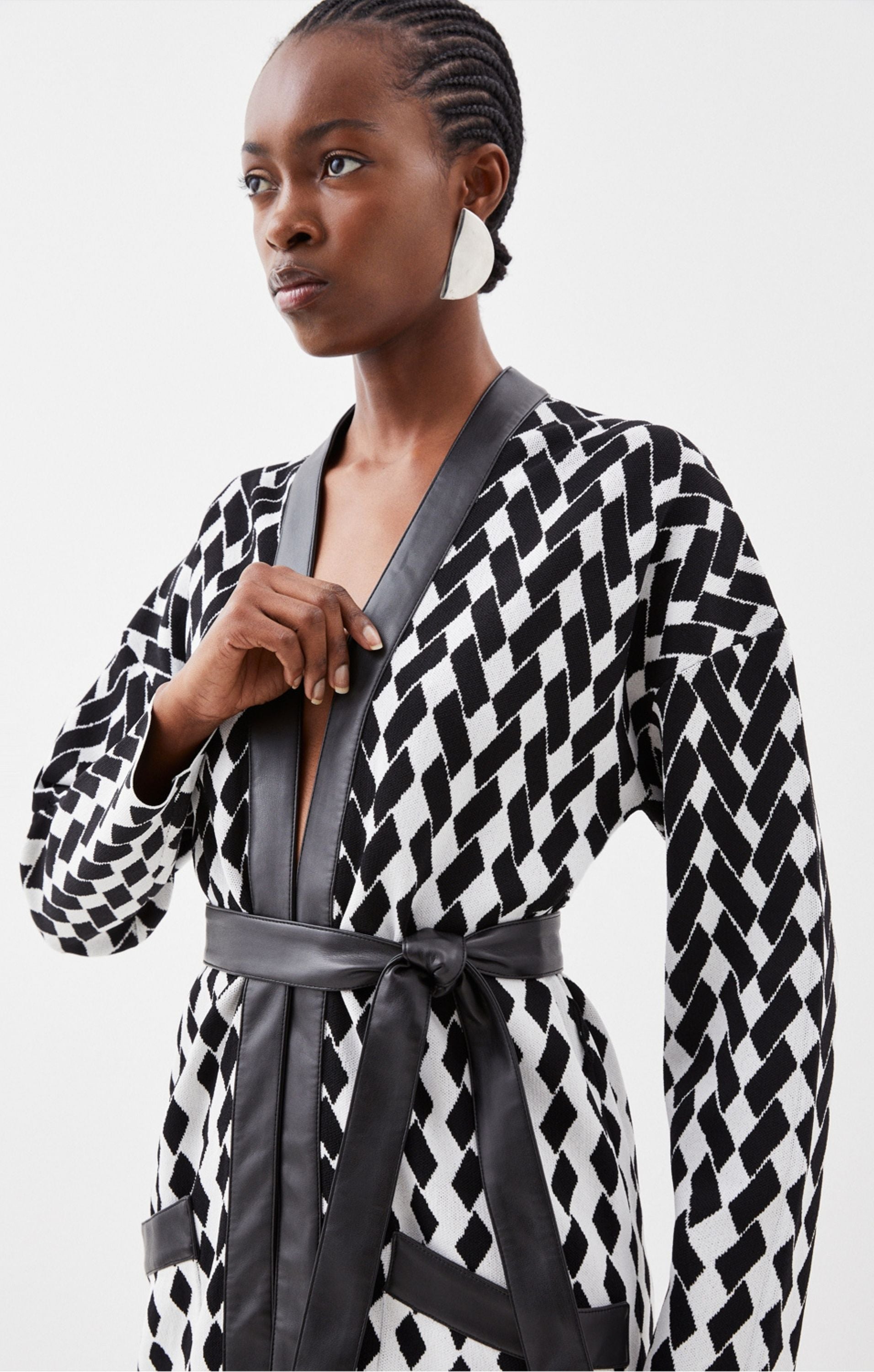 Karen Millen Pu Placket Jacquard Belted Coatigan