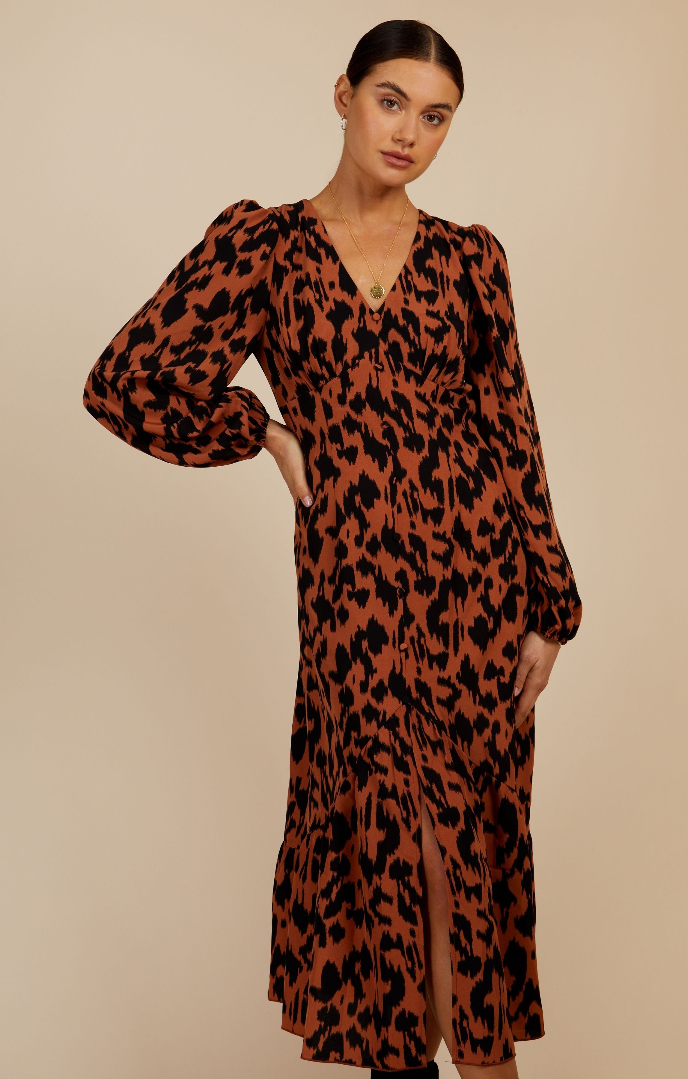 Little Mistress Leopard Print Blouson Sleeve Midaxi Dress