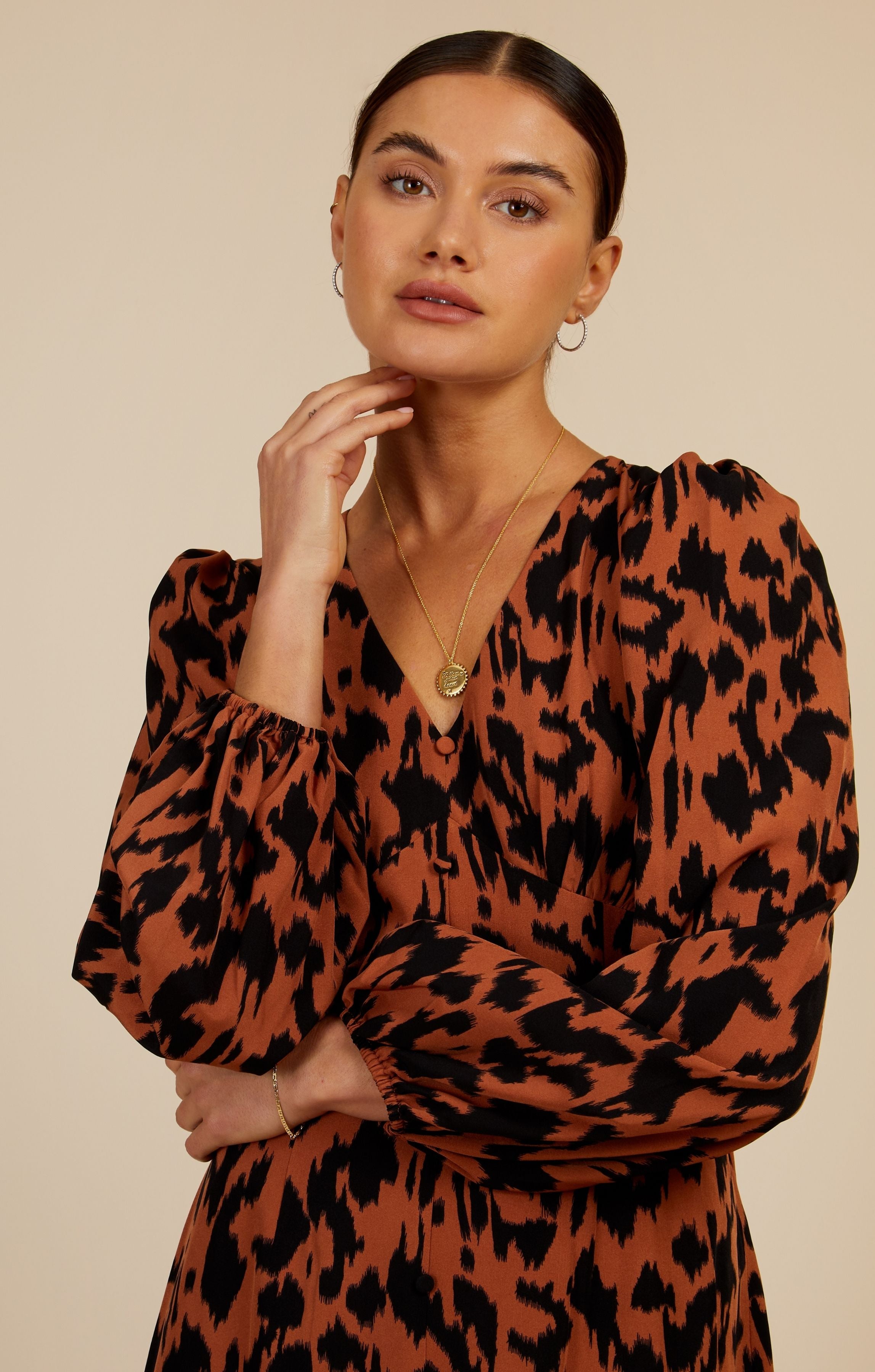 Little Mistress Leopard Print Blouson Sleeve Midaxi Dress