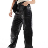 Only High Waisted Wide Leg Faux Leather Contrast Stitch Trousers In Black