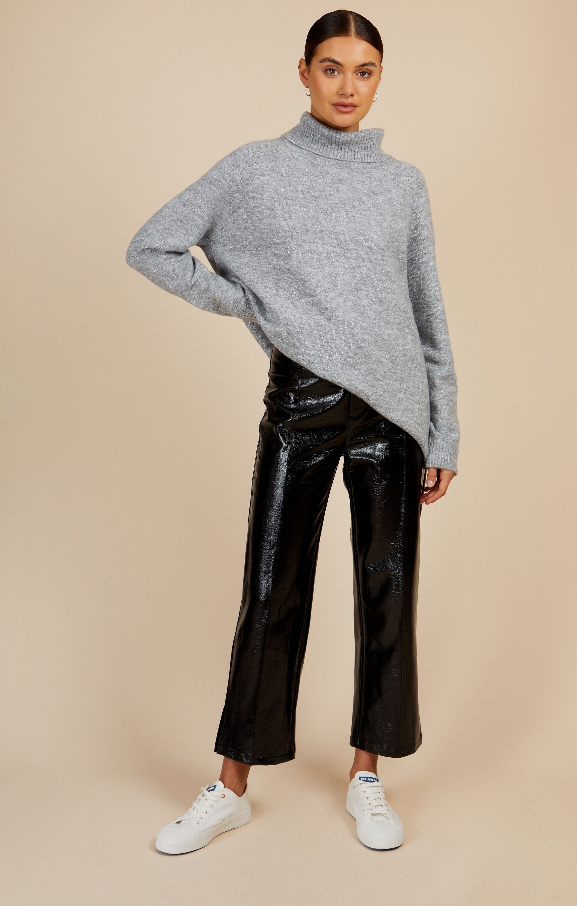 Little Mistress Oatmeal Metallic Knit Roll Neck Jumper
