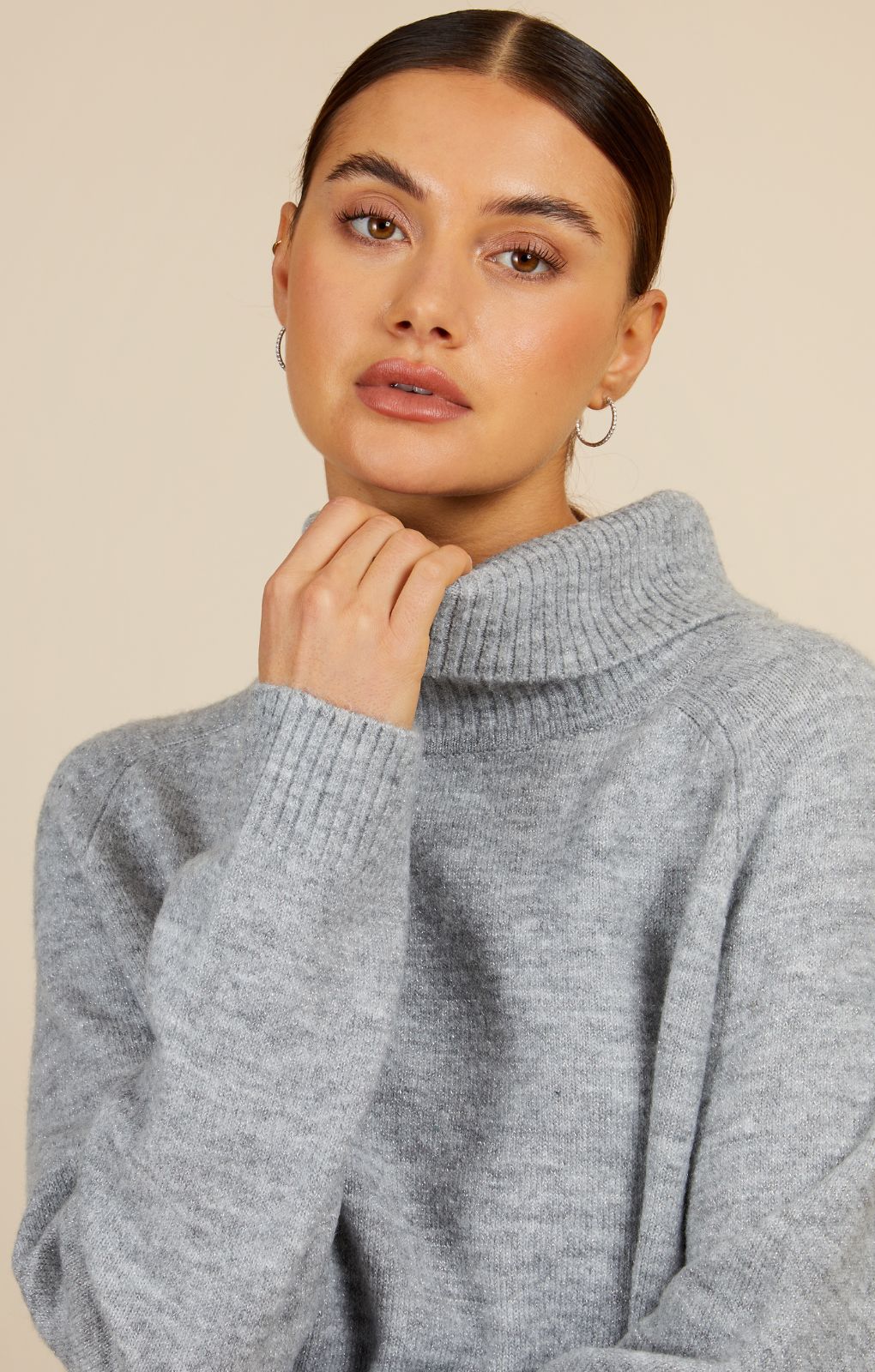 Little Mistress Oatmeal Metallic Knit Roll Neck Jumper