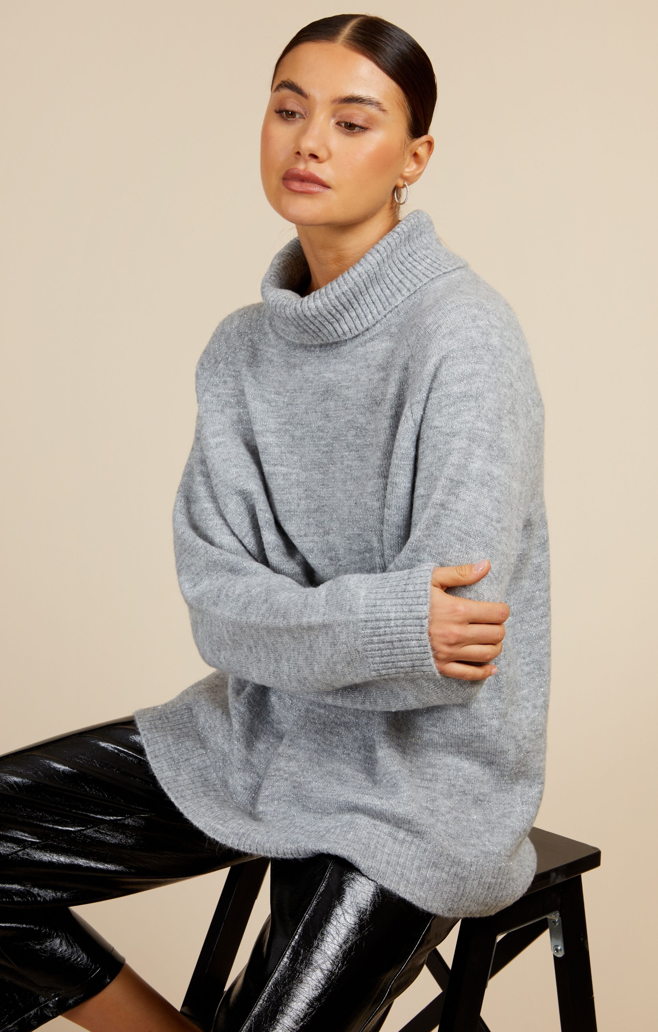 Little Mistress Oatmeal Metallic Knit Roll Neck Jumper