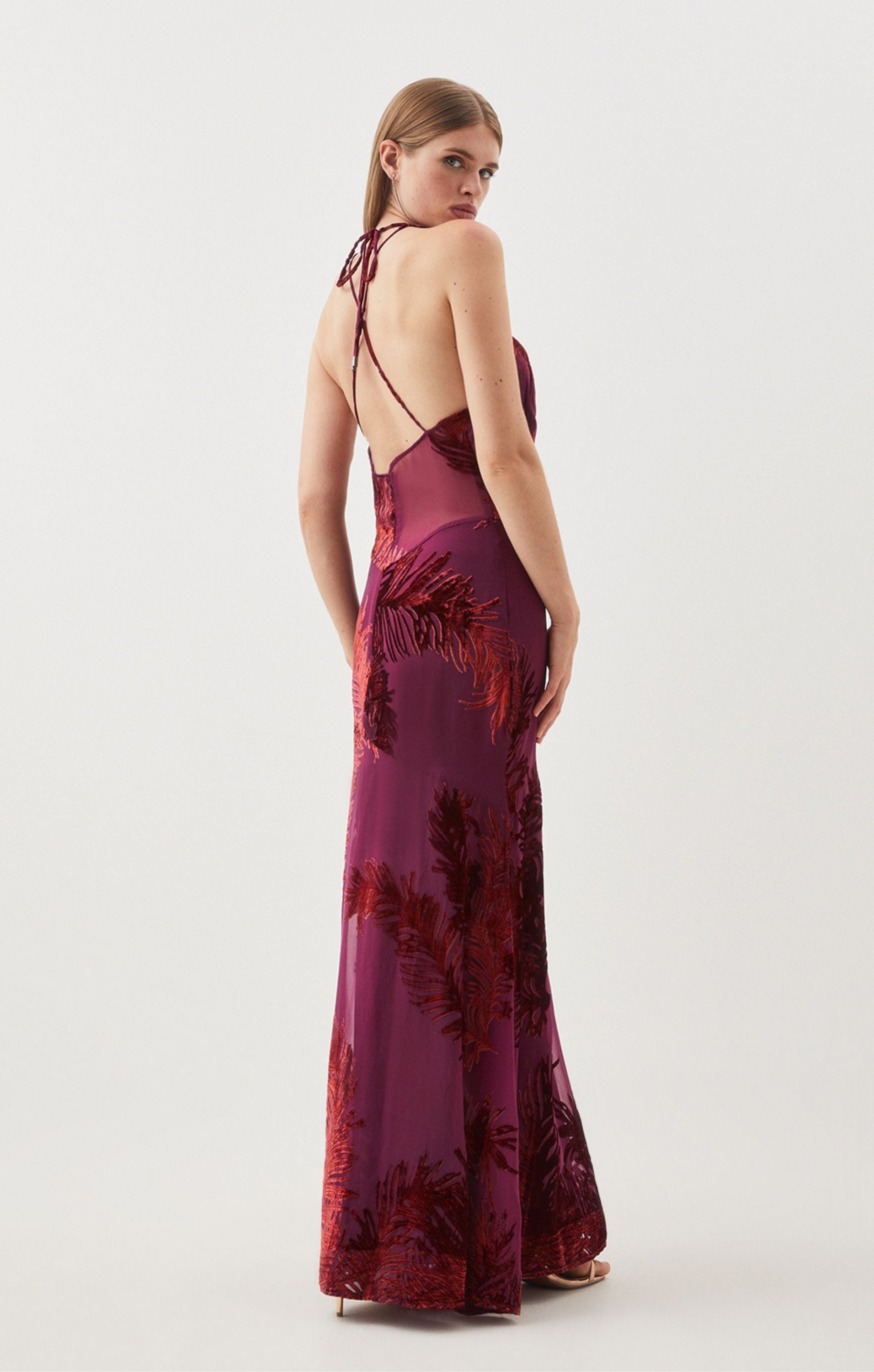 Karen Millen Feather Devore Halter Neck Woven Midi Dress