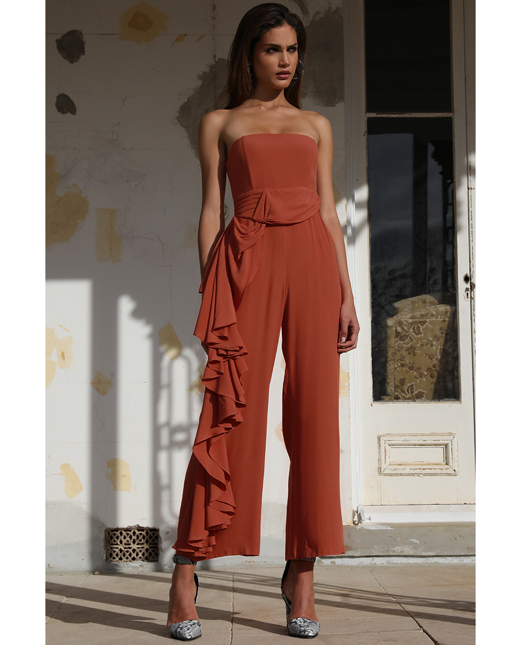 Prem The Label Burnt Strapless Jumpsuit With Side Ruffle product image