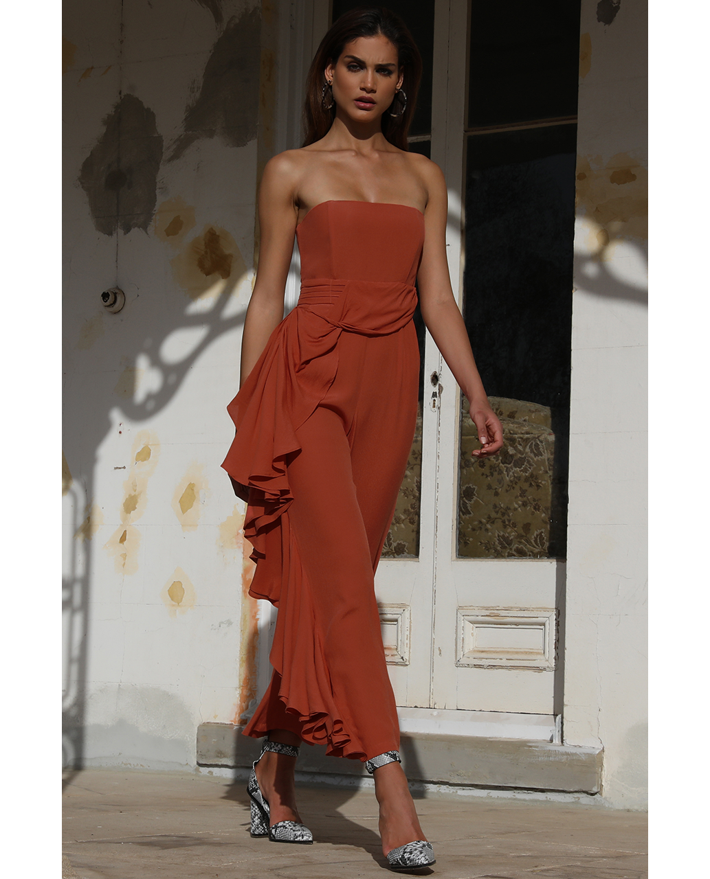 Prem The Label Burnt Strapless Jumpsuit With Side Ruffle product image