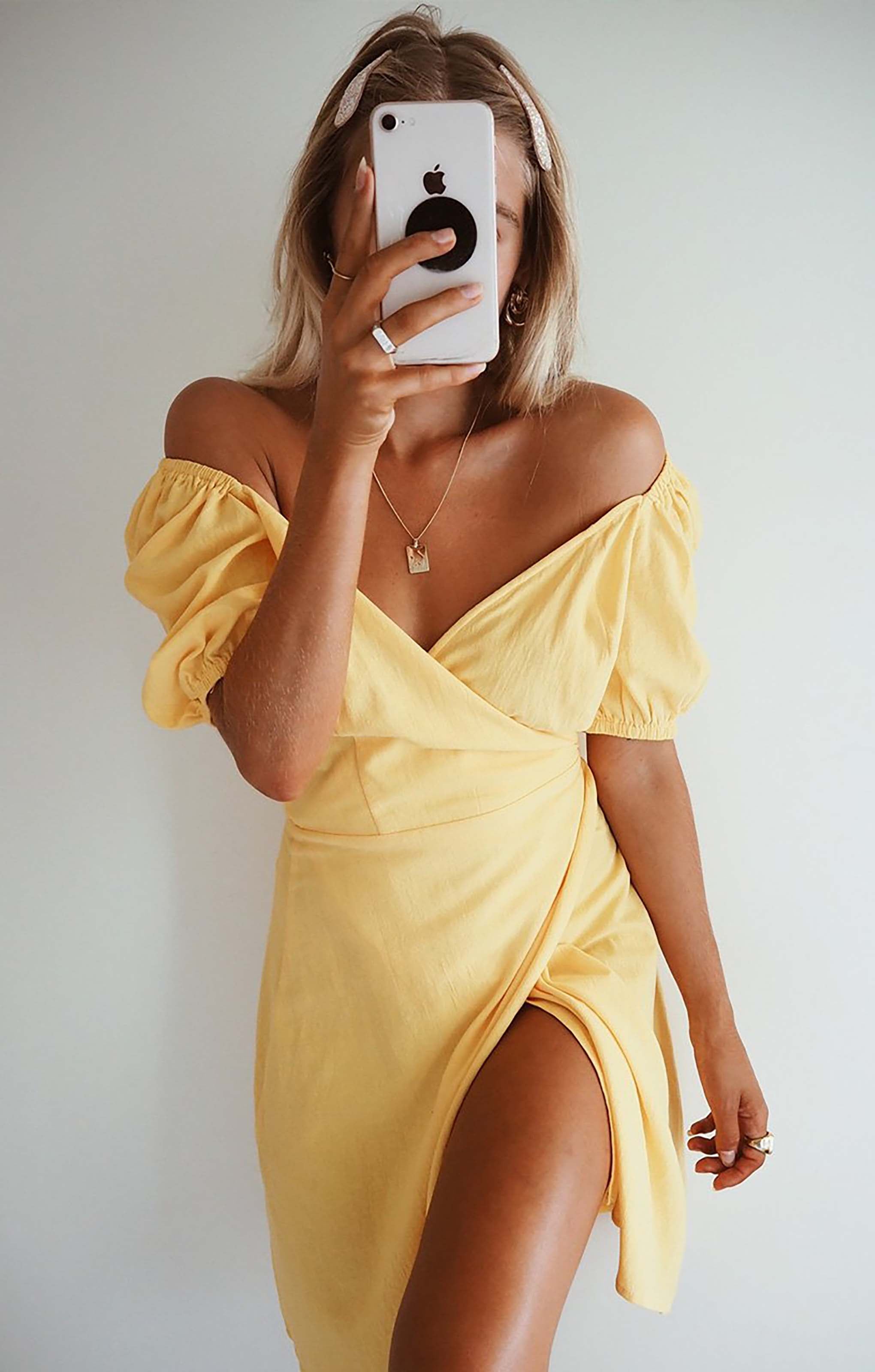 Seven Wonders Yellow Off The Shoulder Wrap Dress