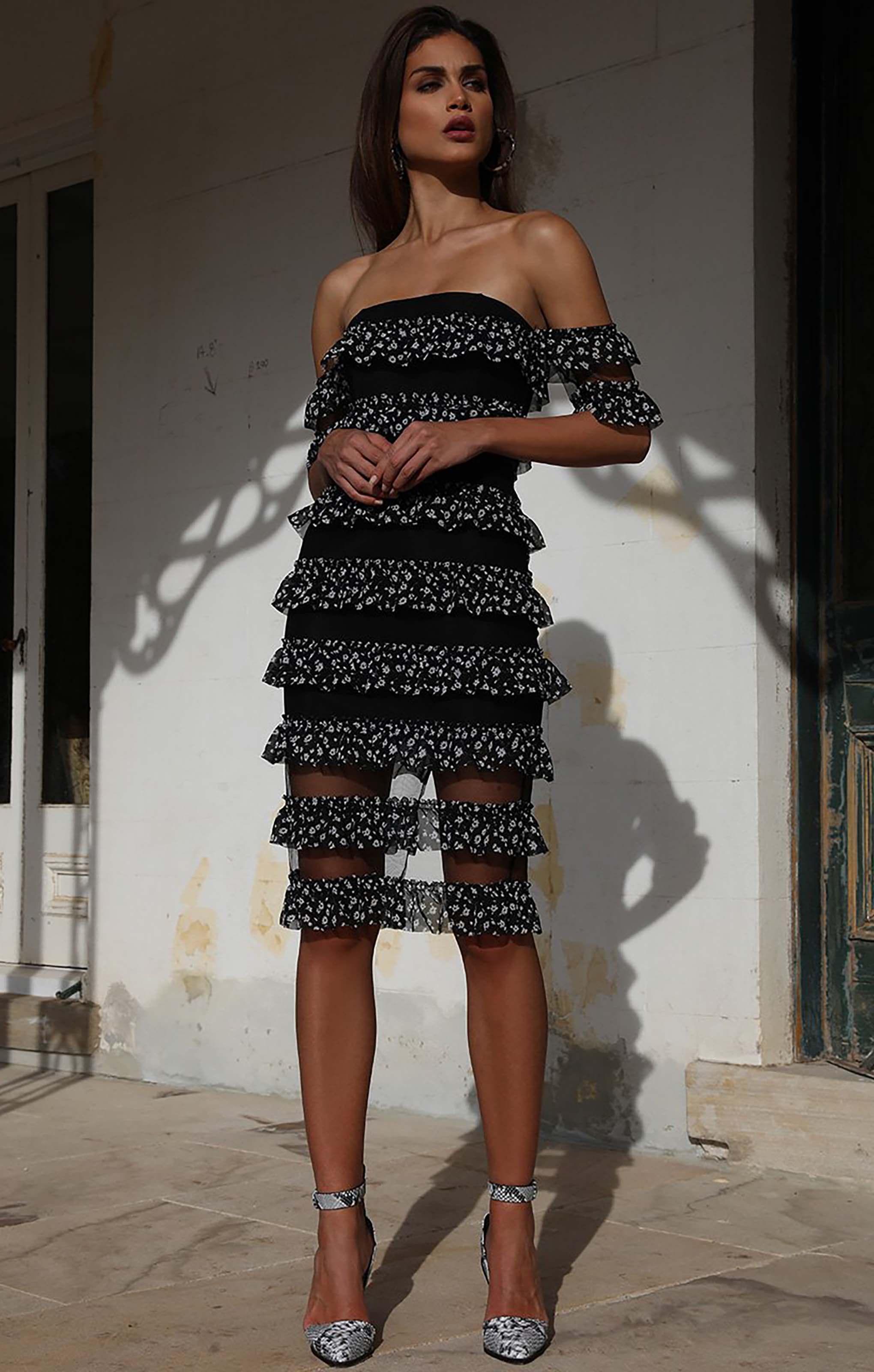 Prem The Label Black Ruffle Off The Shoulder Midi Dress