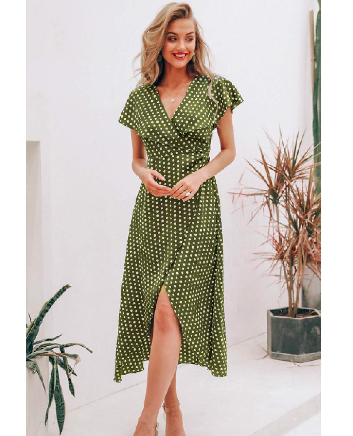 Green Wrap Polka Dot Midi Dress