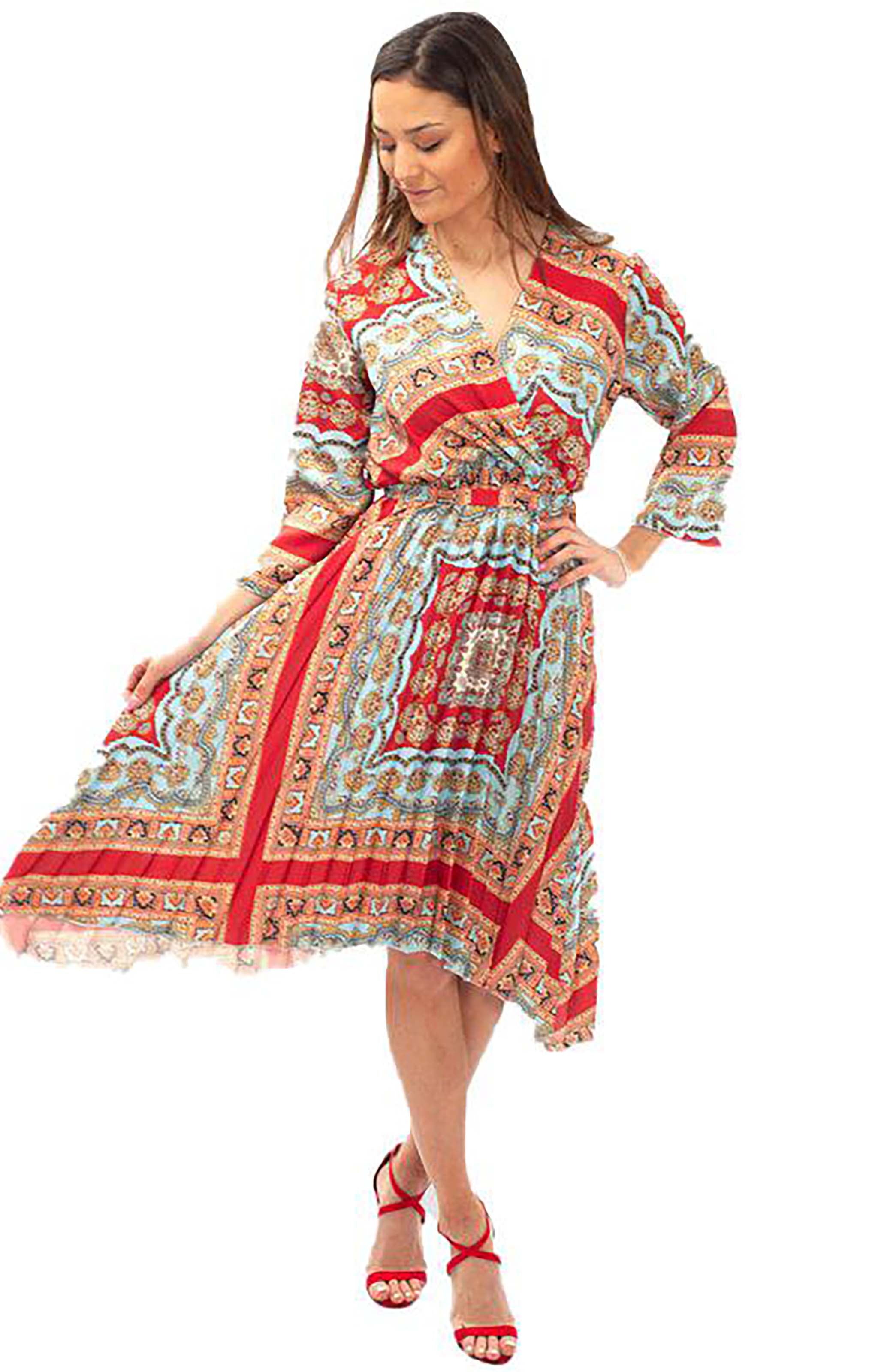 Mixed Print Pleated Midi Dress