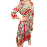 Mixed Print Pleated Midi Dress