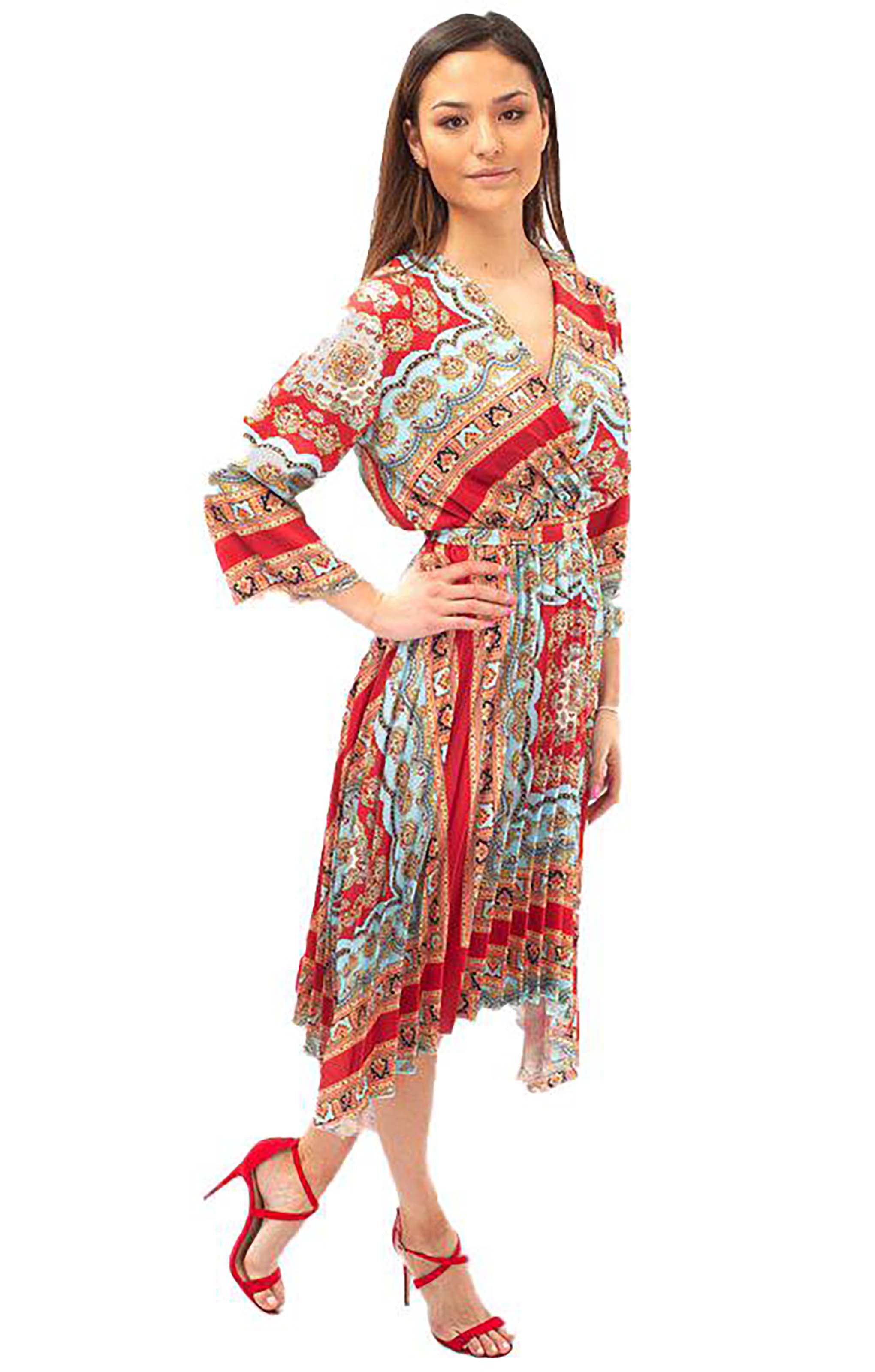 Mixed Print Pleated Midi Dress