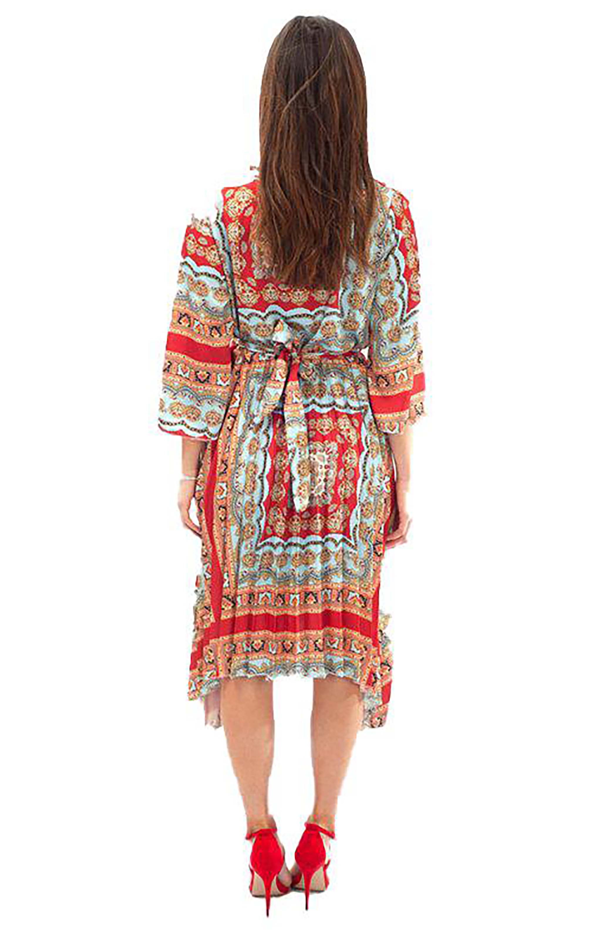 Mixed Print Pleated Midi Dress