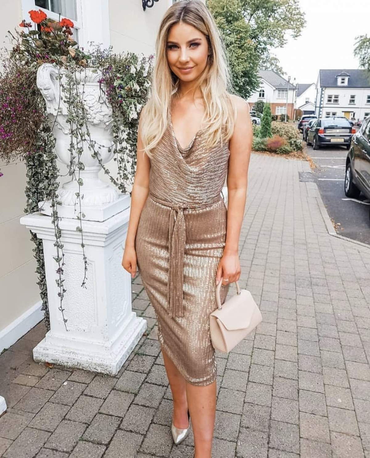 Lavish Alice Pleated Sequin Cowl Neck Midi Dress In Gold