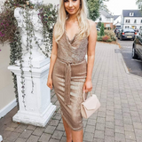 Lavish Alice Pleated Sequin Cowl Neck Midi Dress In Gold